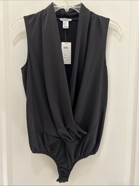 Cache Black Sleeveless Draped V-Neck Bodysuit